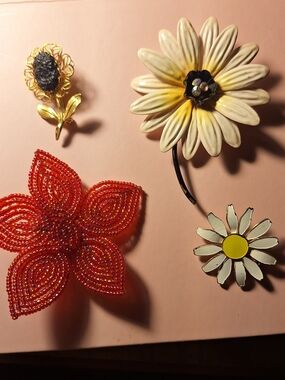 Handcrafted Red Beaded Flower Brooch - Unbranded